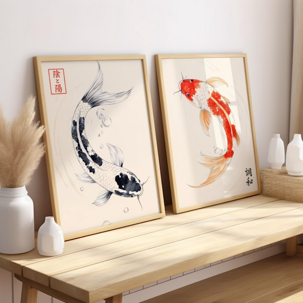 Home Decor Japandi Style - مجموعة من لوحتين فنيتين لأسماك الكوي