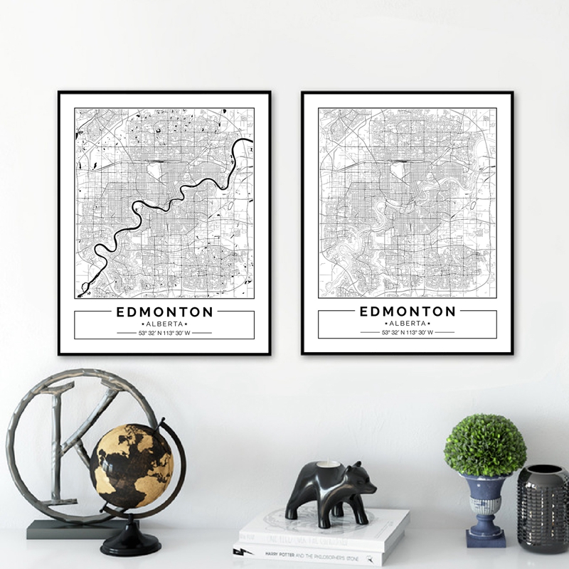 Home Decor Canada - إدمونتون ألبيرتا خريطة أسود أبيض قماش